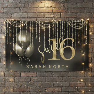 String Lights & Balloons Sweet 16 Black/Gold ID473 Spandoek