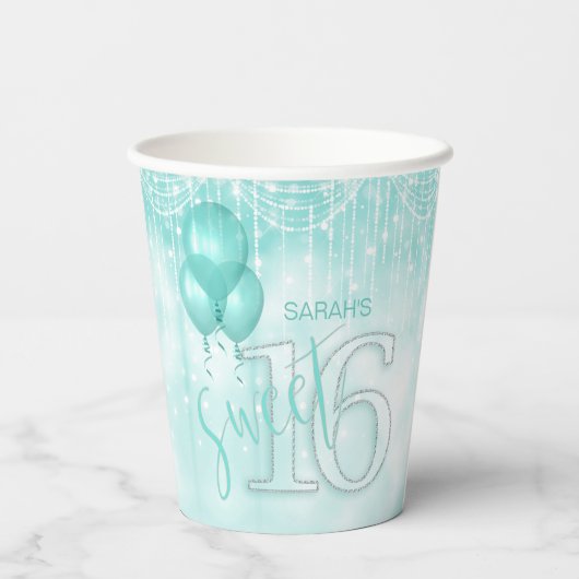 String Lights & Balloons Sweet 16 Blauwgroen ID473 Papieren Bekers (Achterkant)