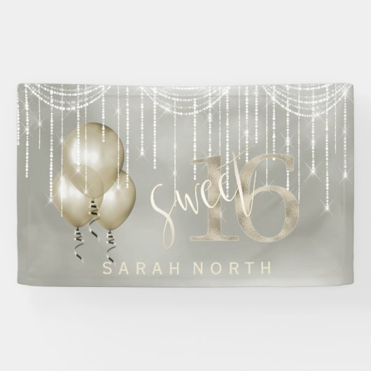 String Lights & Balloons Sweet 16 Champagne ID473 Spandoek (Horizontaal)