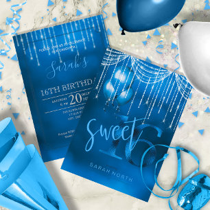 String Lights & Balloons Sweet 16 Dk Blue ID473 Kaart