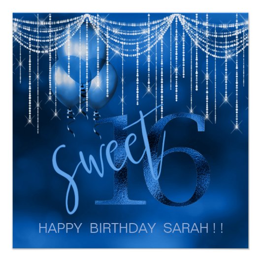 String Lights & Balloons Sweet 16 Dk Blue ID473 Perfect Poster (Voorkant)