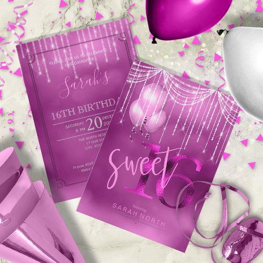 String Lights & Balloons Sweet 16 Orchid ID473 Kaart