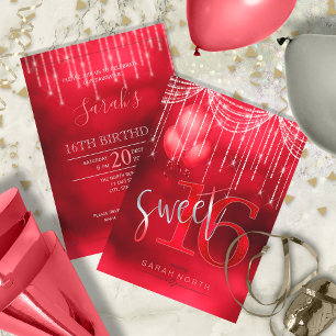 String Lights & Balloons Sweet 16 Red ID473 Kaart