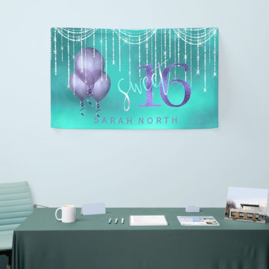 String Lights & Balloons Sweet 16 TealPurple ID473 Spandoek (Beurs)