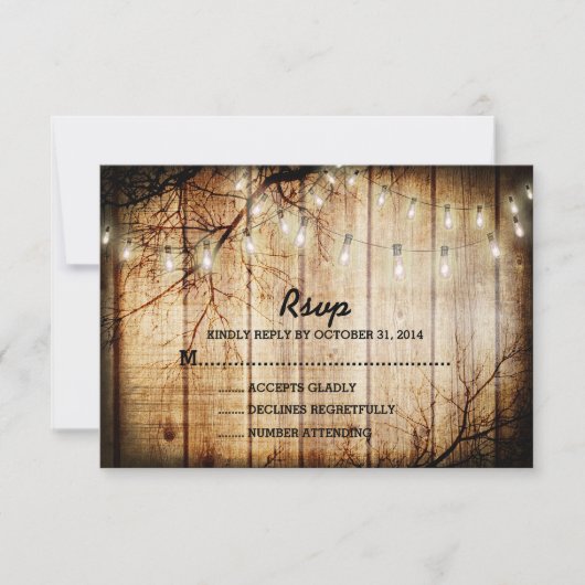 String Lights Barn Wood Wedding RSVP Kaartje (Voorkant)