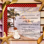 String Lights Beach Christmas Party Invitation<br><div class="desc">Invitation à la fête de Noël avec une scène de plage avec palmiers et lumières à cordes festives et un bonhomme de neige de sable. Pour toutes les options de customise,  choisissez "customiser". Beau pour les habitants d'une zone tropicale ou pour un Noël en juillet.</div>