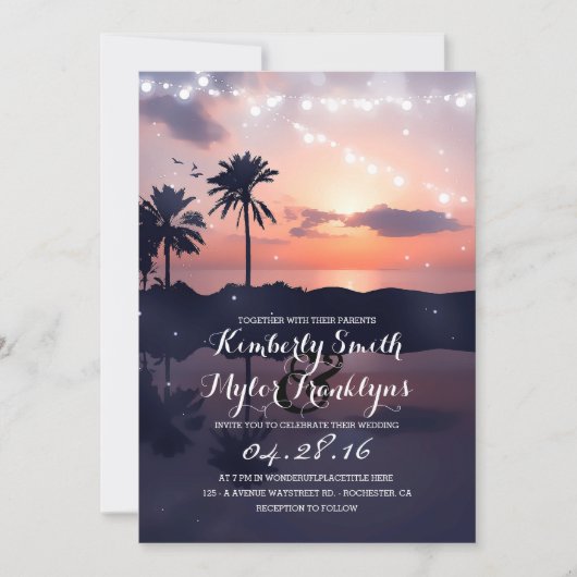 String Lights Beach Palms Sunset Wedding Kaart (Voorkant)