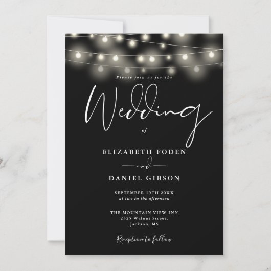 String Lights Black And White QR Code Wedding Kaart (Voorkant)