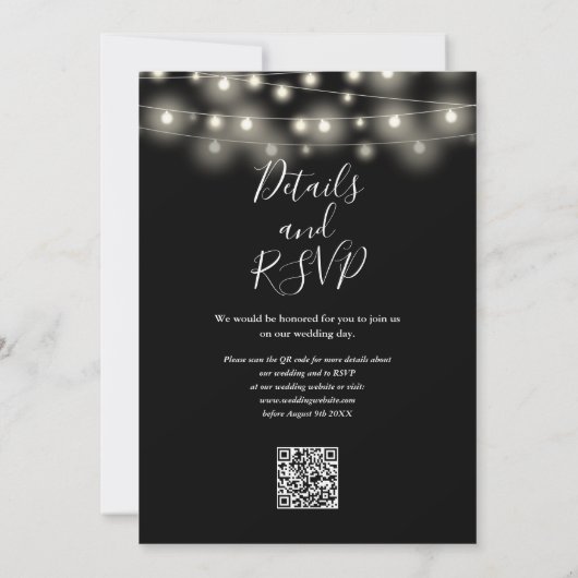 String Lights Black And White QR Code Wedding Kaart (Achterkant)