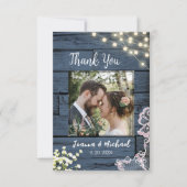 String Lights Blauw Hout & Kant Bruiloft Dank u Bedankkaart (Voorkant)