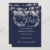 String Lights Bloemen Navy Blauw Bruiloft Save The Date (Voorkant / Achterkant)