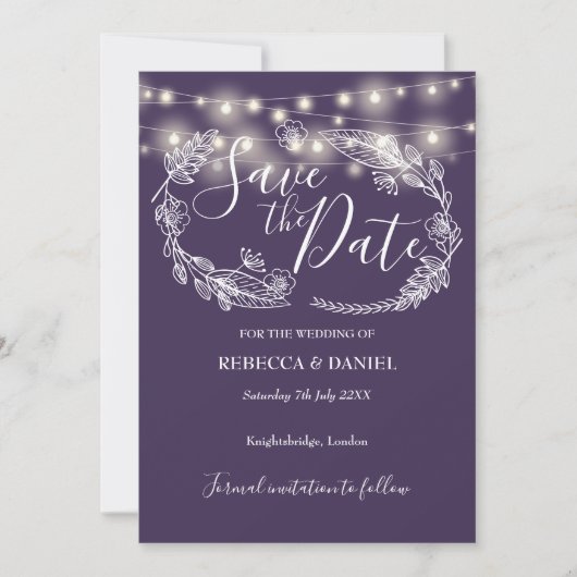 String Lights Bloemen Paarse bruiloft Save The Date (Voorkant)