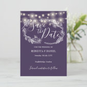 String Lights Bloemen Paarse bruiloft Save The Date (Staand voorkant)