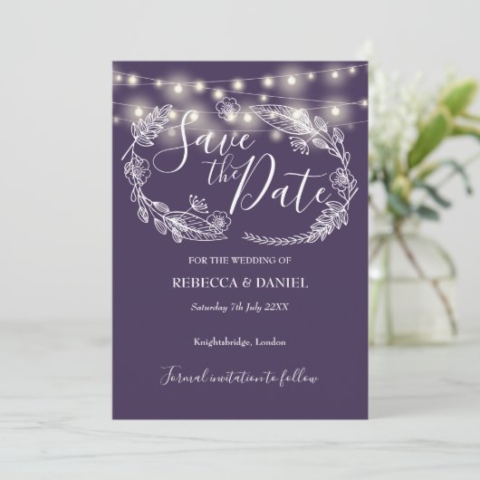 String Lights Bloemen Paarse bruiloft Save The Date (Staand voorkant)