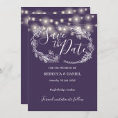 String Lights Bloemen Paarse bruiloft Save The Date (Voorkant / Achterkant)