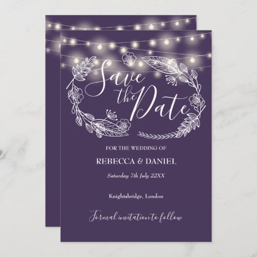 String Lights Bloemen Paarse bruiloft Save The Date (Voorkant / Achterkant)