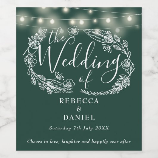 String Lights Bloemen Smaragd Groene Bruiloft Wijn Etiket (Enkel label)