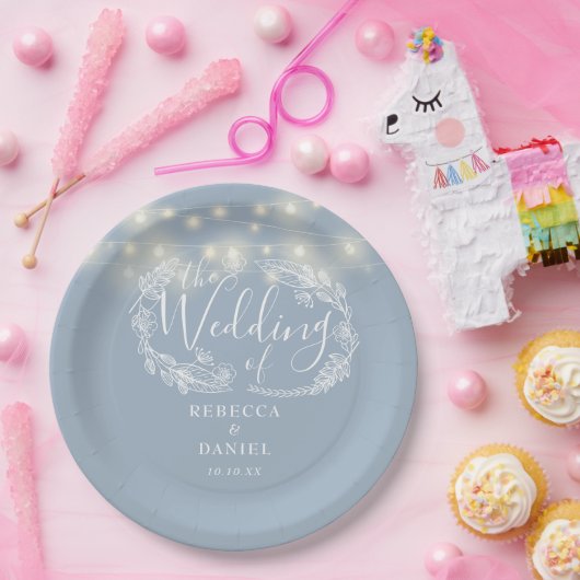 String Lights Bloemen Stoffig Blauw Bruiloft Papieren Bordje (Feest)