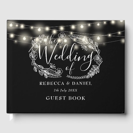 String Lights Bloemen Zwart-wit bruiloft Gastenboek (Voorkant)