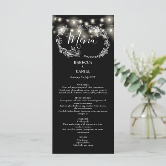 String Lights Bloemen Zwart-wit bruiloft Menu (Staand voorkant)
