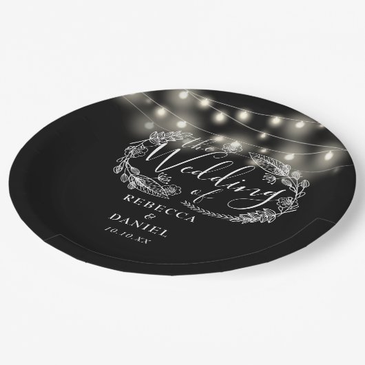 String Lights Bloemen Zwart-wit bruiloft Papieren Bordje (Gekanteld)