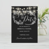 String Lights Bloemen Zwart-wit bruiloft Save The Date (Staand voorkant)