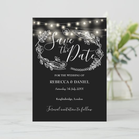 String Lights Bloemen Zwart-wit bruiloft Save The Date (Staand voorkant)