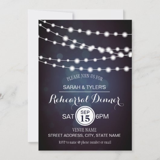 String Lights Blue Bokeh Rehearsal Invitations (Devant)