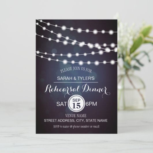 String Lights Blue Bokeh Rehearsal Invitations (Debout devant)