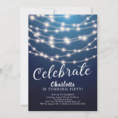 String Lights Blue Celebrate Birthday Invitation Kaart (Voorkant)