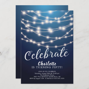 String Lights Blue Celebrate Birthday Invitation Kaart