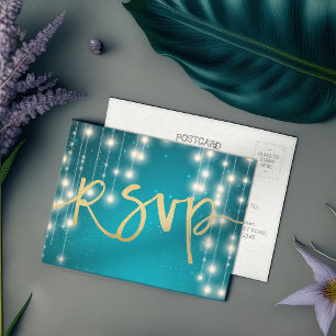 String Lights Blue Gold Script Weduwend RSVP ReAnt Uitnodiging Briefkaart
