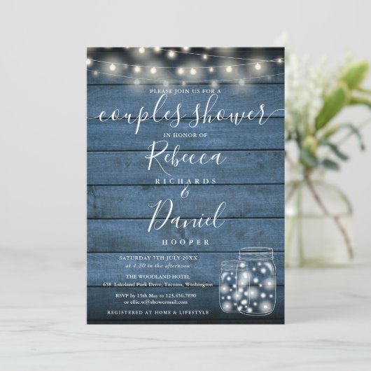 String Lights Blue Jars Script Couples Shower Kaart (Staand voorkant)