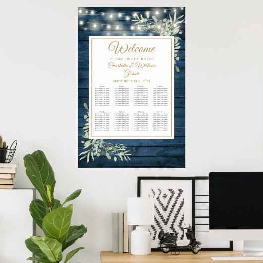 String Lights Blue Rustic Floral Seating Chart Poster (Thuiskantoor)