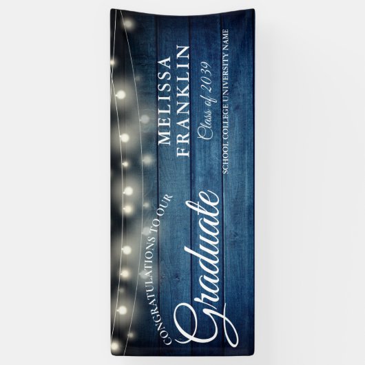 String Lights Blue Rustic Wood Afstuderen Banner (Verticaal)