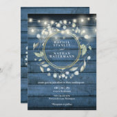String Lights Blue Rustic Wood Greenery Wedding in Kaart (Voorkant / Achterkant)