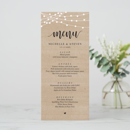 String Lights Brown Wood Weddenschap Elopement Din Menu (Staand voorkant)