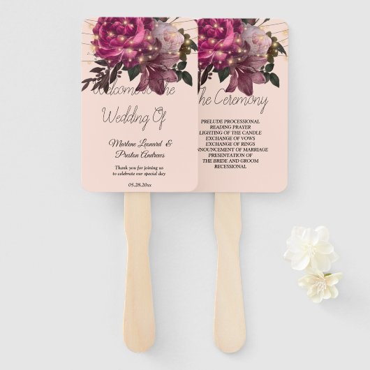 String Lights Burgundy Flowers Wedding Hand Fan Handwaaier (Voorkant en achterkant)