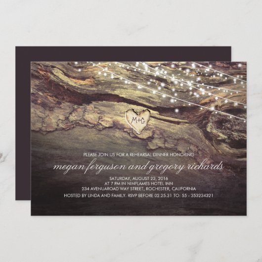 String Lights Carved Heart Rustic Rehearsal Dinner Kaart (Voorkant / Achterkant)