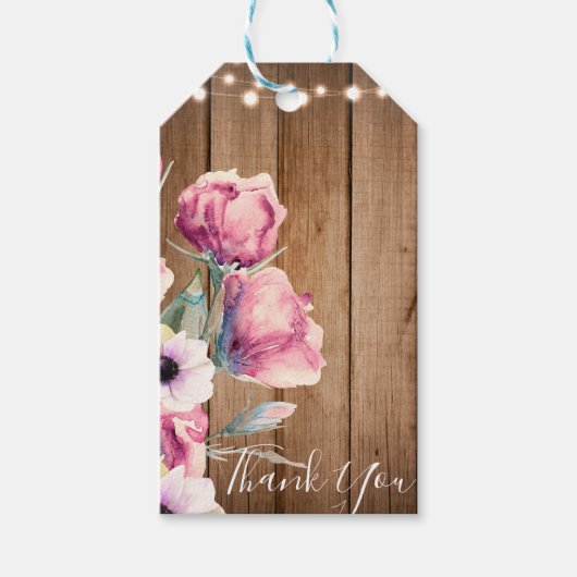 String Lights & Country Flowers Rustic Barn Wood Cadeaulabel (Voorkant)