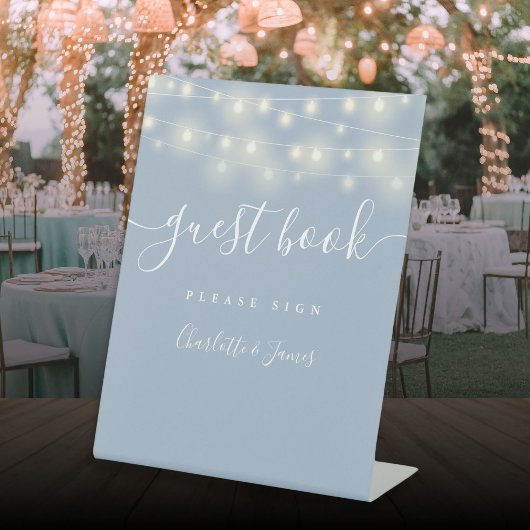 String Lights Dusty Blue Script Gastenboek Reclamebord Met Voetstuk