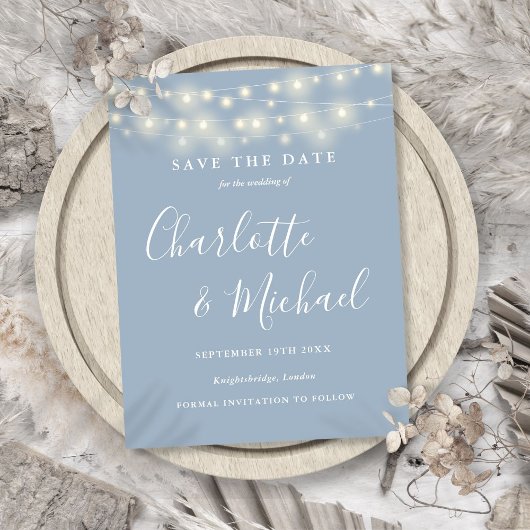 String Lights Dusty Blue Wedding Sla de datum op Briefkaart