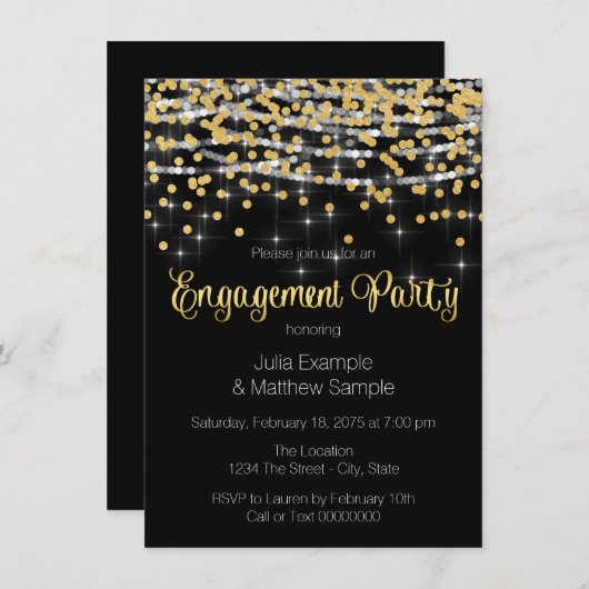 String Lights en Gold Confetti Engagement Party Kaart (Voorkant / Achterkant)