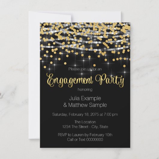 String Lights en Gold Confetti Engagement Party Kaart (Voorkant)