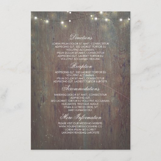 String Lights en Rustic Wood Wedding Informatie Informatiekaartje (Voorkant)