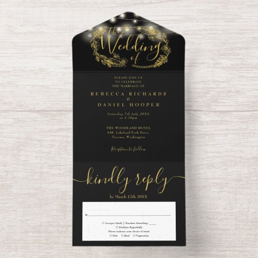 String Lights Foliage Garland Wedding Foil All In One Uitnodiging (Binnenkant)