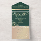String Lights Gold en Emerald Green Wedding All In One Uitnodiging (Binnen)