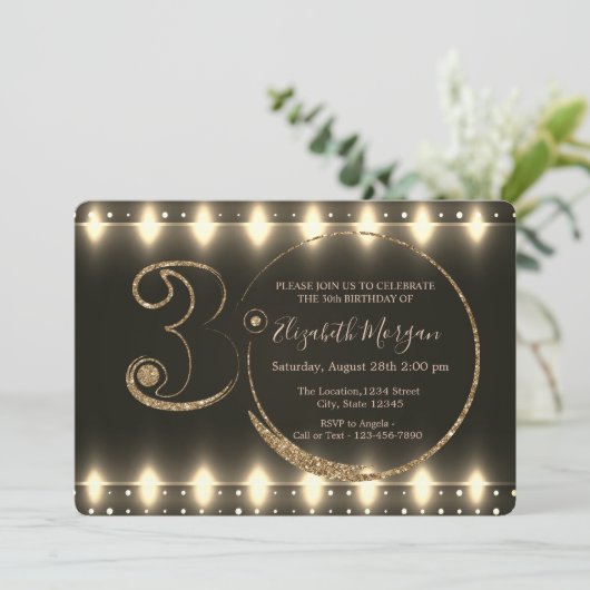 String Lights Gold Glitter 30th Birthday Kaart (Staand voorkant)