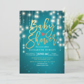 String Lights Gold Script Blue Glitter Baby shower Kaart (Staand voorkant)