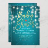 String Lights Gold Script Blue Glitter Baby shower Kaart (Voorkant / Achterkant)